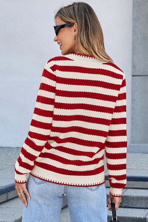 Gold-Tone Button Stripe Pattern Crew Neck Long Sleeve Knit Cardigan Sweater